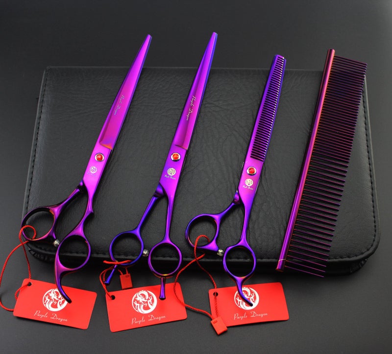 Purple Dragon 8 inch 3 in 1 Professional Pet Grooming Thinning Scissors - Upward Curved Shears and Dog Hair Cutting Scissor - Perfect for Pet Groomer or Family DIY Use (Purple) - Image 5